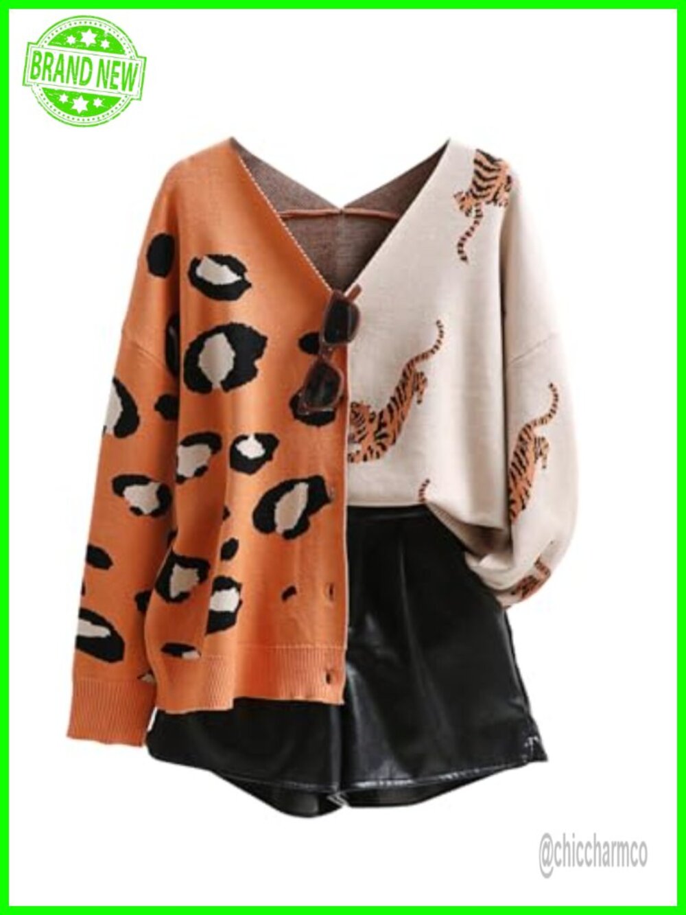 Leopard Tiger Print Cardigan V Neck Long Sleeve Button Down Sweater